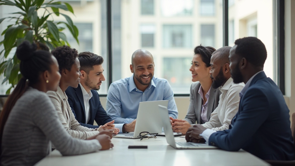 Professional team collaborating during business skills training workshop in modern office environment