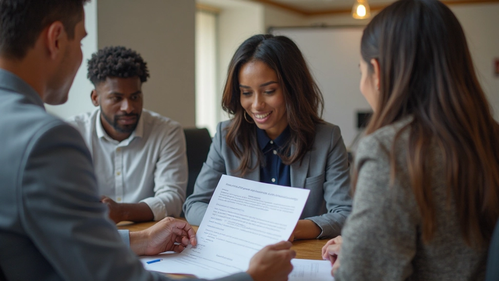 Professional photo of realistic diverse team of 3 professionals, all fully clothed in business casual attire, reviewing compensation structure document together at conference table, warm office lighting, blurred background, NO text, NO watermarks