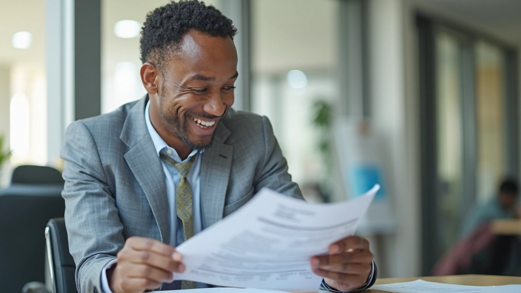 Professional photo of realistic employee aged 38, fully clothed in professional attire, smiling while reviewing benefits statement at desk with satisfied expression, modern office, natural window lighting, blurred background, NO text, NO watermarks