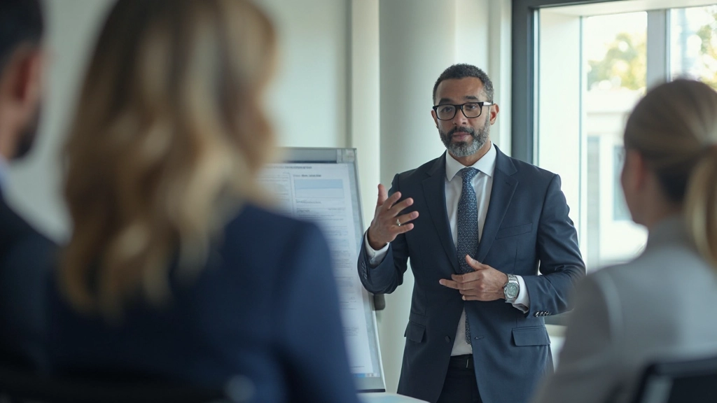 Professional photo of realistic HR director aged 42, fully clothed in formal business suit, presenting compensation strategy to management team in boardroom, natural window lighting from side, professional setting, blurred background, NO text, NO watermarks