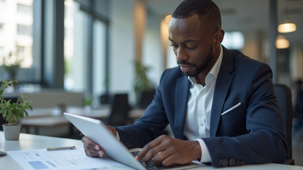 Professional photo of realistic HR manager aged 35, fully clothed in navy blazer with white shirt, reviewing compensation data on tablet at modern office desk, natural window lighting, blurred background, NO text, NO watermarks