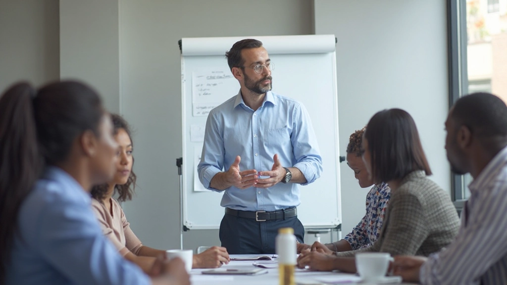 Professional instructor facilitating interactive business skills training session with engaged participants taking notes