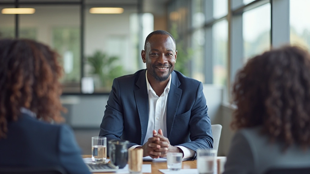 Professional manager leading team meeting in modern office environment with diverse colleagues collaborating at conference table