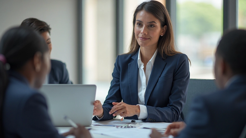 Professional woman presenting analytics and insights to engaged colleagues during business strategy session