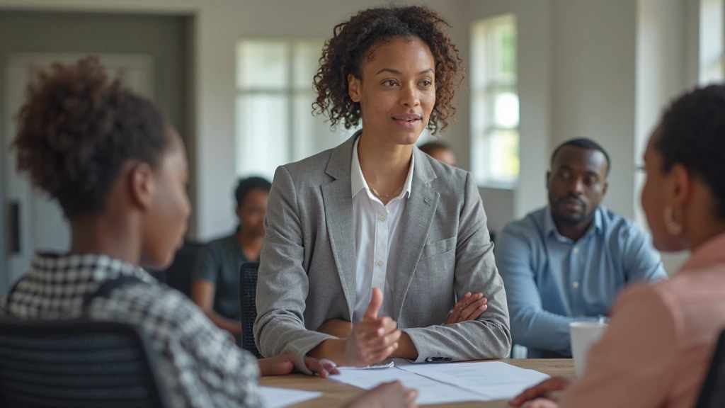 Professional HR trainer conducting interactive business skills workshop with diverse professional participants