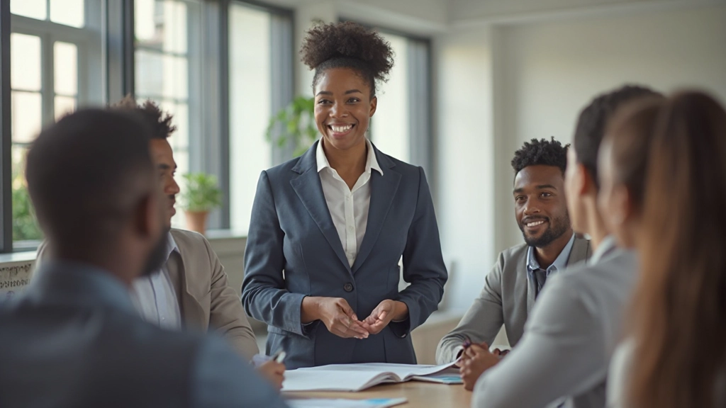 Business professional leading interactive team building workshop with engaged employees participating