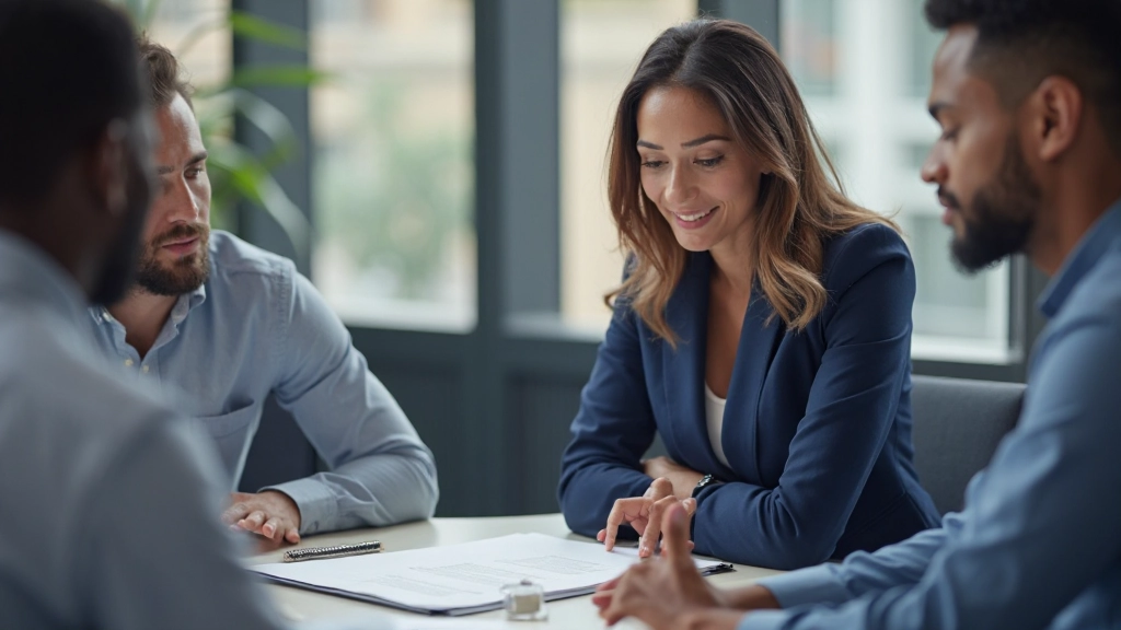 Professional HR consultant reviewing personnel strategies with team members in modern office setting