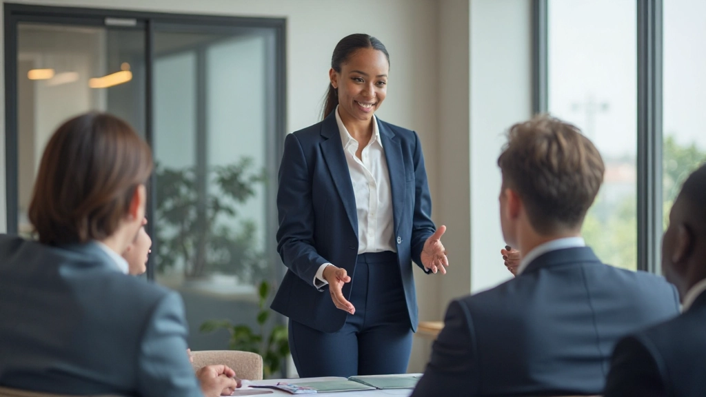 Professional HR consultant conducting team training session in modern conference room