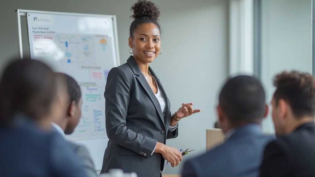 HR professional presenting employee benefits and compensation structure to attentive corporate team